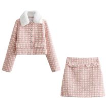 Fashion Suit Polyester Fur Collar Buttoned Plaid Jacket And Skirt Suit