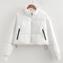 Fashion White Polyester Stand Collar Zipper Short Jacket