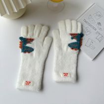 Fashion Milky White Dinosaur Knitted Wool Five-finger Gloves