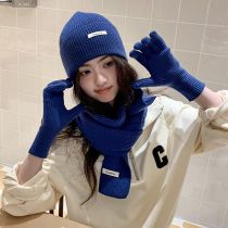 Fashion Royal Blue (scarf+hat+gloves) Polyester Knitted Patch Wool Hat Five-finger Gloves Scarf Three-piece Set