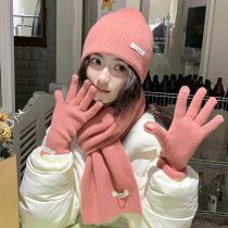 Fashion Korean Powder (scarf+hat+gloves) Polyester Knitted Patch Wool Hat Five-finger Gloves Scarf Three-piece Set