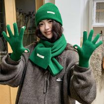 Fashion Green (scarf+hat+gloves) Polyester Knitted Patch Wool Hat Five-finger Gloves Scarf Three-piece Set