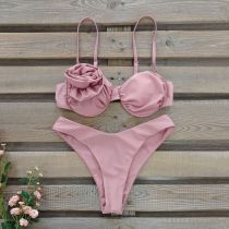 Fashion Dirty Pink Polyester Pleated Asymmetrical High-waisted Swimsuit