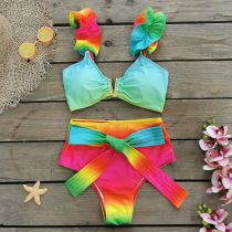 Fashion Mo19878jr1【swimsuit Only】 Polyester Ruffled Tie-dye Strapless Bandeau High-waisted One-piece Swimsuit