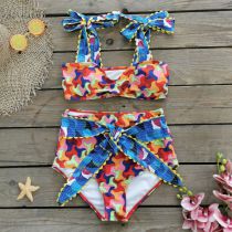 Fashion Red And Blue Print Cut-print Lace-up High-waisted One-piece Swimsuit