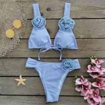 Fashion Blue+blue Flower Polyester Floral Lace-up Tankini Swimsuit