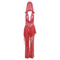 Fashion Red Hooded Backless Halterneck Dress High-waisted Straight Trouser Suit