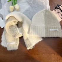 Fashion Beige Color Matching-f96 Hat And Scarf Set Polyester Contrast Patch Scarf And Beanie Set