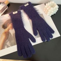 Fashion Purple Pinstripe-f95 Gloves Plush Paneled Knitted Five-finger Gloves