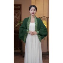 Fashion Green Color Block Knitted Shawl Jacket