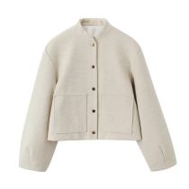 Fashion Beige Polyester Stand Collar Buttoned Jacket