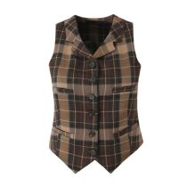 Fashion Coffee Color Polyester Checked Lapel Buttoned Vest