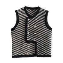 Fashion Black And White Stripes Faux Mink Twill Double-breasted Vest