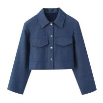 Fashion Blue Polyester Lapel Buttoned Jacket