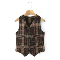 Fashion Brown Grid Polyester Check Lapel Vest