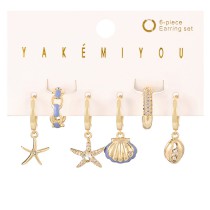 Fashion Gold Copper Inlaid Zirconium Oil-drip Shell Starfish Pendant Earring Set 6 Pieces