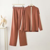 Fashion Light Brown Acrylic Colorblock Knitted Top Wide-leg Trousers Set