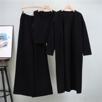 Fashion Black Acrylic Knitted Sweater Cardigan Vest Wide-leg Pants Three-piece Set