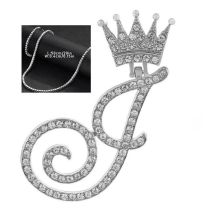 Fashion J Silver 4mm*20inch Silver Tennis Chain + Pendant Alloy Diamond 26 Letter Crown Necklace