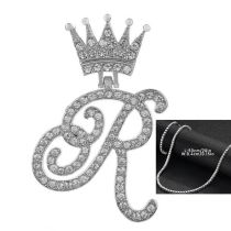 Fashion R Silver 4mm*20inch Silver Tennis Chain + Pendant Alloy Diamond 26 Letter Crown Necklace