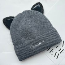 Fashion Dark Gray Knitted Cat Ears Letter Embroidered Beanie