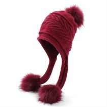 Fashion Wine Red Rabbit Fur Knitted Wool Pleated Pullover Hat
