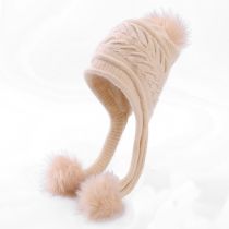 Fashion Beige Rabbit Fur Knitted Wool Pleated Pullover Hat