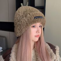 Fashion Mocha Polyester Letter Patch Plush Pullover Hat