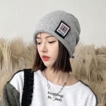 Fashion Grey Wool Knitted Patch Pullover Hat