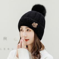 Fashion Black Rabbit Fur Knitted Maple Leaf Embroidered Beanie