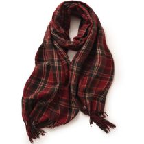 Fashion Wine Red Polyester Plaid Fringed Scarf