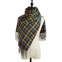 Fashion Yellow Polyester Houndstooth Fringed Scarf