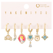 Fashion Color Copper Inlaid Zircon Oil Dripping Cartoon Princess Pendant Earring Set Of 6 Pieces