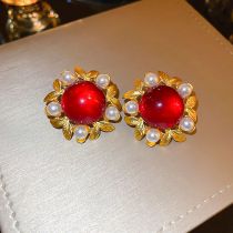 Fashion Red Geometric Diamond Flower Pearl Stud Earrings