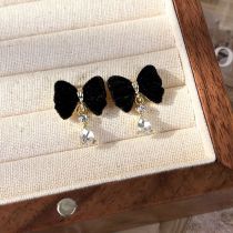 Fashion C Black Flocked Bow Diamond Drop Earrings