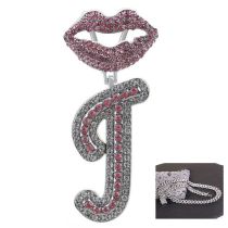 Fashion J Silver 11mm*18inch Silver Cuban Chain Alloy Diamond Lips 26 Letter Necklace
