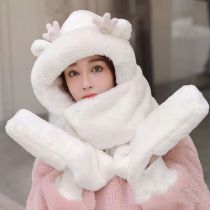 Fashion Longbao White Imitation Rabbit Fur Geometric Cartoon Scarf Gloves One-piece Hood And Three-piece Set