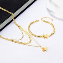 Fashion Necklace+bracelet Titanium Steel Frosted Butterfly Multi-layer Necklace Beaded Bracelet Set