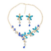Fashion Blue Alloy Diamond Flower Necklace And Earrings Set