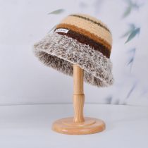 Fashion Khaki Colorful Striped Knitted Patch Bucket Hat