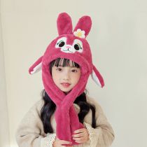 Fashion Rose Red Polyester Children's Cartoon Rabbit Scarf Integrated Hood