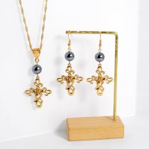Fashion Gold Alloy Pearl Cross Earrings Necklace Set