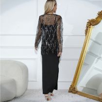 Fashion Black Sequined Fringed Blouse And Suspender Skirt Two-piece Set