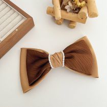 Fashion Khaki Bow Pearl Clip Fabric Bow Hairpin