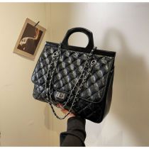Fashion Black Pu Rhombus Chain Shoulder Crossbody Large Capacity Handbag