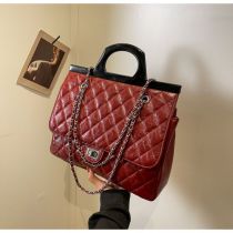 Fashion Wine Red Pu Rhombus Chain Shoulder Crossbody Large Capacity Handbag