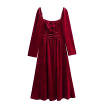Fashion Wine Red Square Neck Velvet Long Sleeve Dress