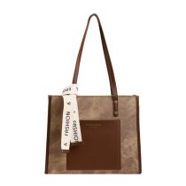 Fashion Brown Pu Stitching Large Capacity Shoulder Bag