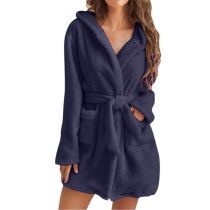Fashion Navy Blue Plush Hooded Bathrobe