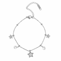 Fashion Silver Titanium Steel Inlaid Zircon Shell Pentagram Pendant Bracelet